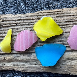 May include: A collection of colorful sea glass pieces in yellow, pink, and blue hues, arranged on a weathered piece of driftwood. The sea glass fragments vary in shape and size, with smooth, rounded edges.