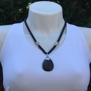 Black Necklace, Black Lava Tear Drop, Lava Stone, Antique Silver Accents, Handmade, Lava Pendant, Black Beaded Chain Gift,Aromatic