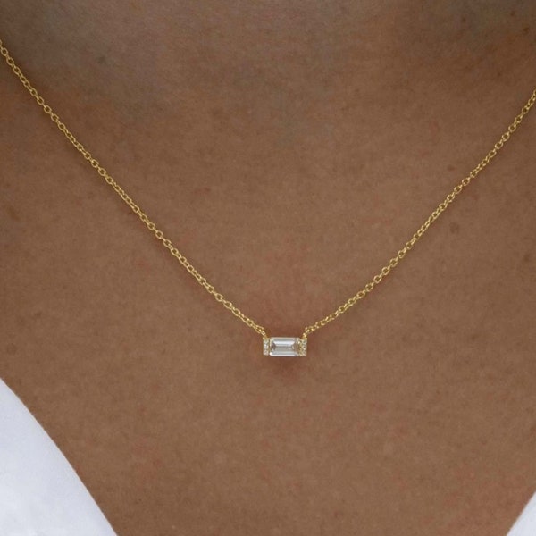 Baguette Necklace, Diamond Necklace, Gift for Her, Emerald Cut Necklace, Minimalist Necklace, Dainty Necklace, Anniversary Gift