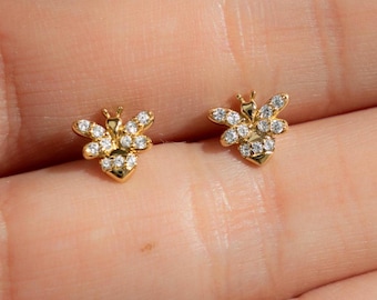 Tiny Bee Stud Earrings • CZ Honeybee Dainty Earrings • Minimalist