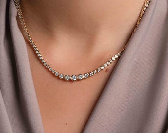 Handmade Round Bezel Tennis Necklace, Diamond Necklace, Bridal Jewelry, Wedding Necklace, Bridal Necklace, Gift for Her, Layering Necklace