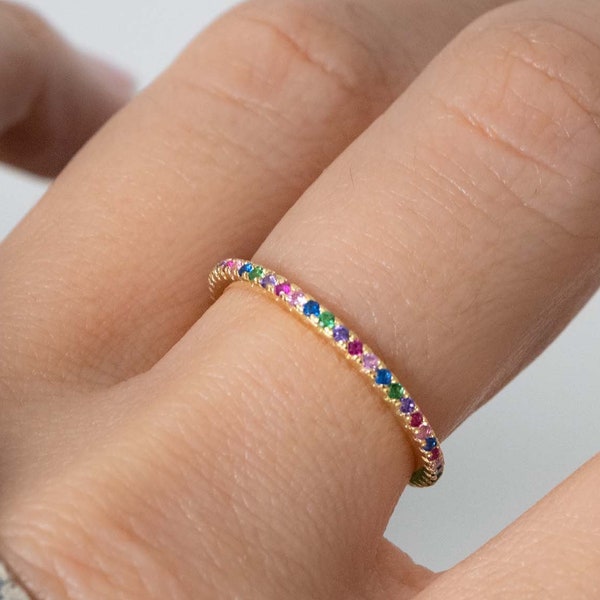 Rainbow Ring Eternity Band, Multicolor Ring, Stackable Rainbow Ring, Rainbow CZ Ring, Rainbow Jewelry, Stackable Rings, Gift for Her