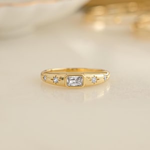 Baguette Starburst Dome Ring, Diamond Dainty Ring, Statement Ring, Gold Ring, Silver Ring, Gift For Her, North Star Ring, Stacking Ring