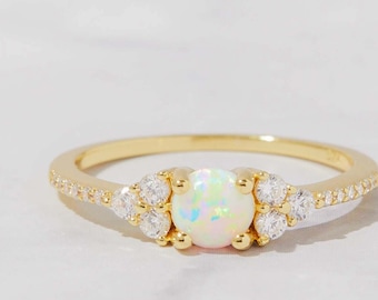 White Opal Ring, Opal Stacking Ring, White Opal and CZ Ring, Dainty Gold Opal Ring, Sterling Silver Opal Ring, Delicate Opal Ring, Gold Opal