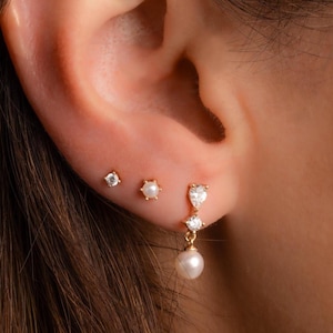 Pearl Drop Earrings, Pearl Diamond Earrings, Dainty Earrings, Wedding Jewelry, Wedding Earrings, Bridesmaid Gift, Gift for Her