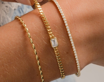 Baguette Bracelet, Cuban Chain Diamond Bracelet, Gemstone Bracelet, Chain Bracelet Gold Bracelet Minimalist Bracelet Gift for Her