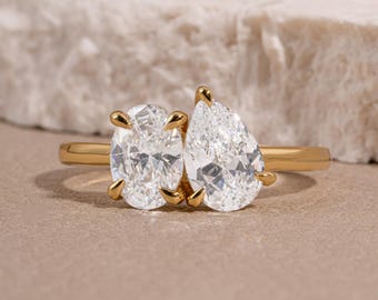 Anillo ovalado Toi Et Moi de Sami Jewels, anillo de dos piedras, anillo de compromiso, anillo de promesa, joyería nupcial, joyería de boda,