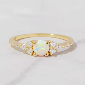 White Opal Ring, Opal Stacking Ring, White Opal and CZ Ring, Dainty Gold Opal Ring, Sterling Silver Opal Ring, Delicate Opal Ring, Gold Opal