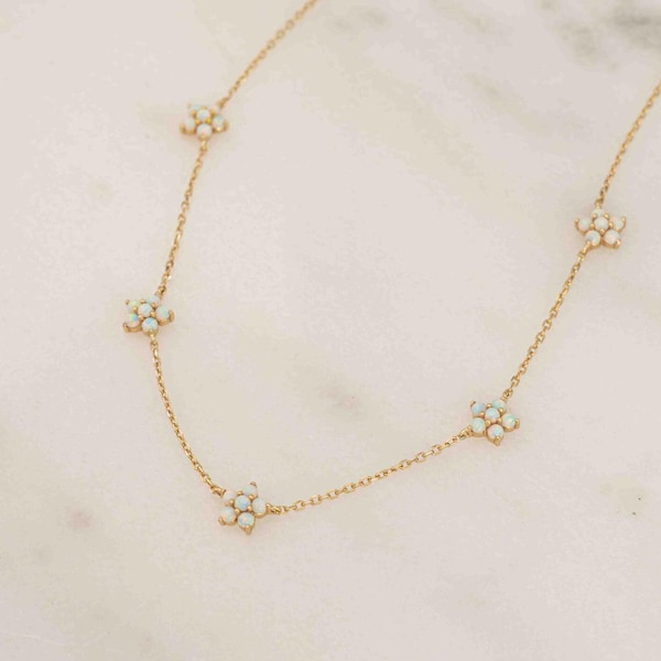 Opal Necklace, Opal Flower Charm Necklace, Dainty Necklace, Gold Necklace, Opal Jewelry, Minimalist Necklace Christmas Gift for Her Handmade