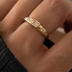 Baguette Starburst Dome Ring, Diamond Dainty Ring, Statement Ring, Gold Ring, Silver Ring, Gift For Her, North Star Ring, Stacking Ring