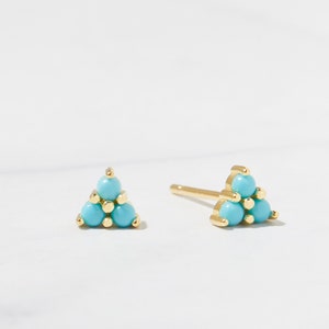 Turquoise Three Stone Stud Earrings, Turquoise Stud Earrings, Tiny Gold Studs, Turquoise Earrings, December Birthstone, Turquoise Studs