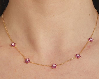 Ruby Necklace, Flower Necklace, Daisy Necklace, Dainty Flower Necklace, Ruby Jewelry, July Birthstone, Gift for Her, Minimalist Necklace