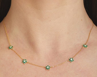 Emerald Necklace, Flower Necklace, Daisy Necklace, Layering Necklace, Dainty Flower Necklace, Emerald Jewelry, May Birthstone, Gift for Her