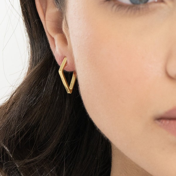 Pendientes de aro de oro, pendientes de aro geométricos, pendientes de aro en forma de diamante, pendientes de aro de declaración, pendientes de aro, aros de oro, regalo para ella