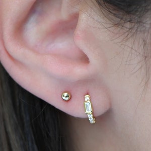 Baguette Huggies Earrings, Gold Tiny Hoops, Dainty Hoops, Sterling Silver Small Hoop Earrings, April Birthstone, Gold Huggie Earrings