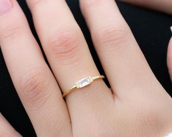 Dainty Simple Baguette Stacking Ring, Gold Minimalist Ring, Simple Diamond Ring, Sterling Silver Ring, Thin Ring, Delicate Ring, Gift