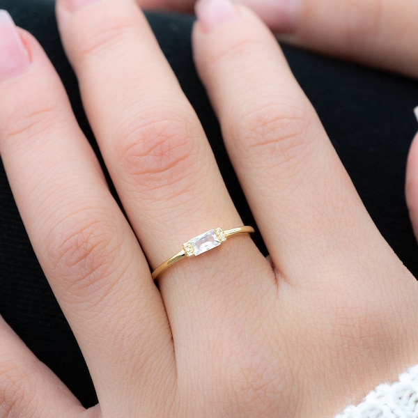 Bague superposable baguette simple délicate, bague minimaliste en or, bague diamant simple, bague en argent sterling, bague fine, bague délicate, cadeau