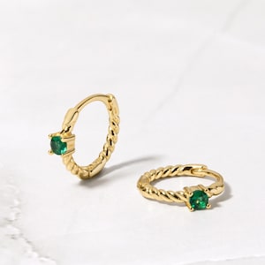 Emerald Earrings, Small Hoop Earrings, May Birthstone, Huggie Earrings, Emerald Jewelry, Green Jewelry, Birthday Gift, Gift for Her