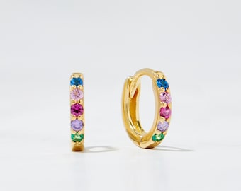 Diamond Rainbow Huggie Earrings, Gold Rainbow CZ Huggies, Huggies, Gold Tiny Hoops, Dainty Hoops, Silver Small Hoop Earrings