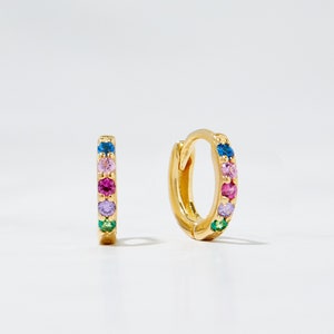 Diamond Rainbow Huggie Earrings, Gold Rainbow CZ Huggies, Huggies, Gold Tiny Hoops, Dainty Hoops, Silver Small Hoop Earrings image 1