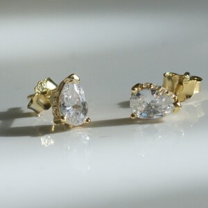 Simple Gold Stud Earrings Minimalist Tear Drop Studs Dainty Earrings Cubic Zirconia Diamond Earrings CZ Earrings CZ Studs Bridal Earrings image 4