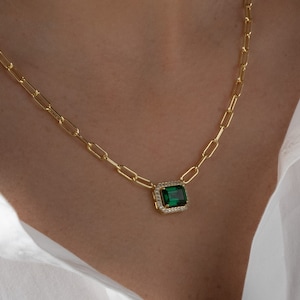 Emerald Necklace, Paperclip Baguette Emerald Necklace, Chain Necklace, May Birthstone, Emerald Jewelry, Gold Emerald Necklace Silver Emerald