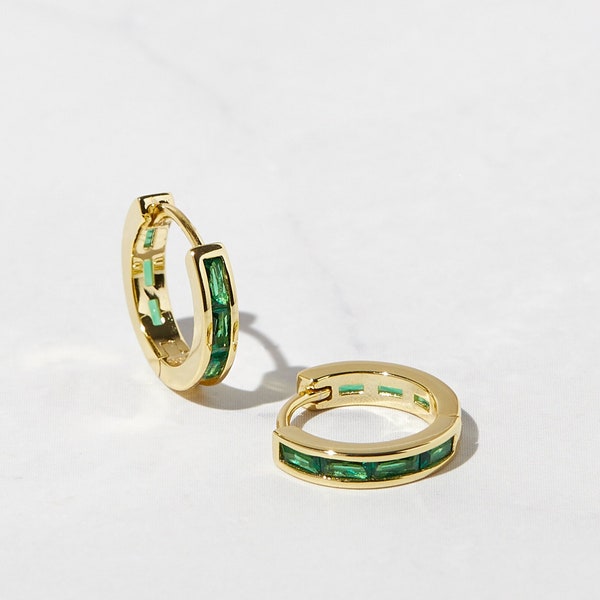 Emerald Earrings, Emerald Huggie Hoops, May Birthstone, Gold Hoop Earrings, Emerald Huggies, Small Hoop Earrings, Emerald Jewelry, Huggies