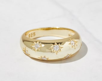 Dome Ring, Gold Dome Ring, Silver Dome Ring, Star Ring, Celestial Jewelry, Gift for Her, Star Dome Ring, Trendy Jewelry, Stacking Ring