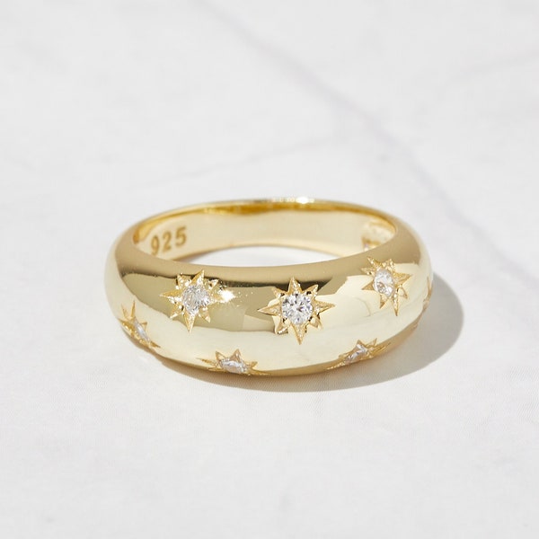 Dome Ring, Gold Dome Ring, Silver Dome Ring, Star Ring, Celestial Jewelry, Gift for Her, Star Dome Ring, Trendy Jewelry, Stacking Ring