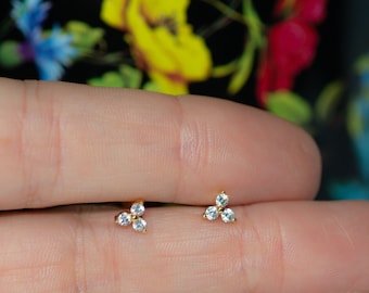 Three Stone CZ Stud Earrings, Triangle CZ Earrings, Simple Gold Stud Earrings, Dainty Stud Earrings, Triangle Shaped Diamond Earrings