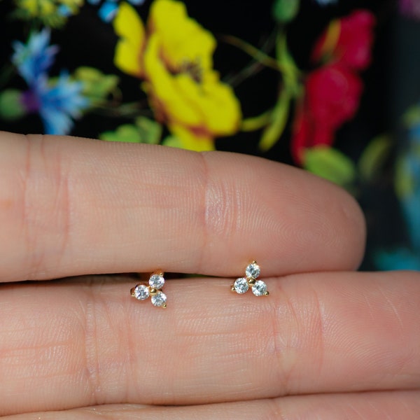 Three Stone CZ Stud Earrings, Triangle CZ Earrings, Simple Gold Stud Earrings, Dainty Stud Earrings, Triangle Shaped Diamond Earrings