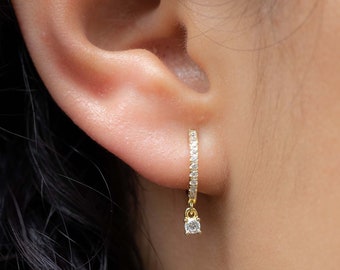 Bezel Drop Small Hoop Earrings, Huggie Earrings, Charm Earrings, Small Gold Hoop Earrings, Gold Huggie Earring, Huggie Hoop Earrings, Gift