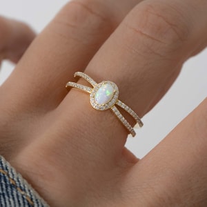 Dainty Opal Ring, CZ Ring, Gold Opal Ring, White Opal Ring, Sterling Silver Opal Ring, Bridesmaid Gift, Wedding Jewelry, Gift for Her