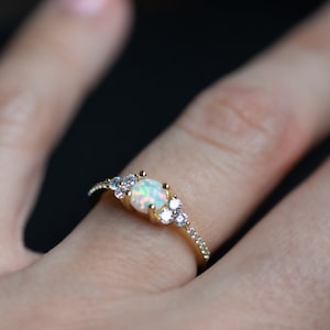 Dainty Opal Ring, Opal Stacking Ring, White Opal and CZ Ring, Gold Opal ...