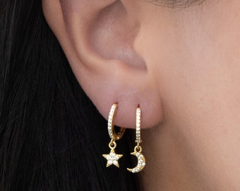 Star and Moon Earrings, Star Earrings, Moon Earrings, Celestial Earrings, Huggie Earrings, Small Hoops, Charm Earrings, Dangle Earrings
