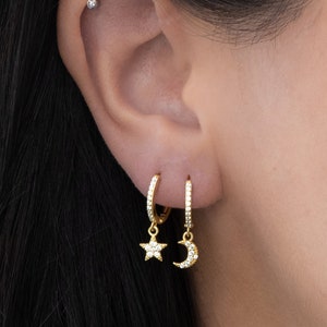 Star and Moon Earrings, Star Earrings, Moon Earrings, Celestial Earrings, Huggie Earrings, Small Hoops, Charm Earrings, Dangle Earrings