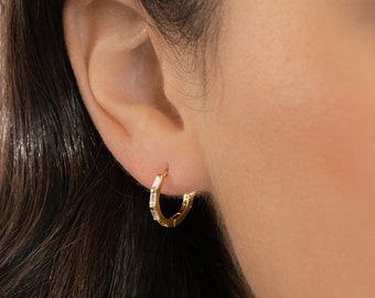 Gold Hoop Earrings, Huggie Earrings, Small Gold Hoop Earrings, Baguette Hoop Earrings, CZ Diamond Hoop Earrings, Gold Silver Hoops