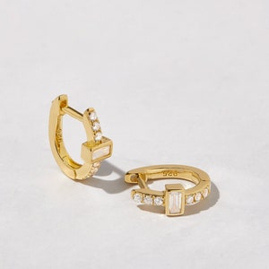 Baguette Emerald Huggies Earrings Gold Hoops Dainty Hoops Sterling Silver Small Hoop Earrings May Birthstone Gold Huggie Earrings