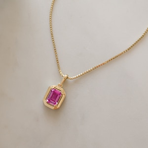 Pink Gemstone Necklace, Pink Necklace, Baguette Necklace, Statement Necklace, Gift for Her, Bridesmaid Jewelry, Maid of Honor Gift Box Chain