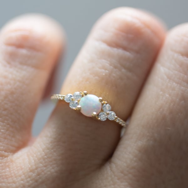 Dainty Opal Ring, Opal Stacking Ring, White Opal and CZ Ring, Gold Opal Ring, Sterling Silver Opal Ring, Delicate Opal Ring, Bridesmaid Gift