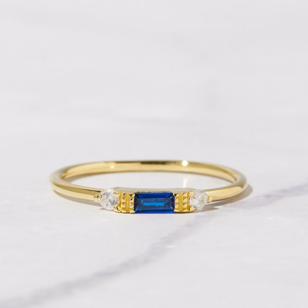 Sapphire Dainty Baguette Stacking Ring, Gold Minimalist Ring, Simple Sapphire Ring, Sterling Silver Ring, Thin Ring, Delicate Ring Gift
