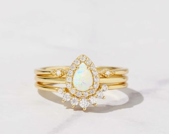 Opal Stacking Ring Set, Dainty Opal Ring, White Opal and CZ Ring, Gold Opal Ring, Sterling Silver Opal Ring, Delicate Opal Ring