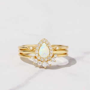 Opal Stacking Ring Set, Dainty Opal Ring, White Opal and CZ Ring, Gold Opal Ring, Sterling Silver Opal Ring, Delicate Opal Ring