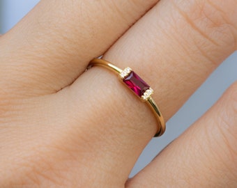 Ruby Dainty Baguette Stacking Ring, Gold Minimalist Ring, Simple Ruby Ring, Sterling Silver Ring, Thin Ring, Delicate Ring Gift for Her