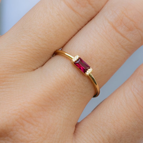 Ruby Dainty Baguette Stacking Ring, Gold Minimalist Ring, Simple Ruby Ring, Sterling Silver Ring, Thin Ring, Delicate Ring Gift for Her