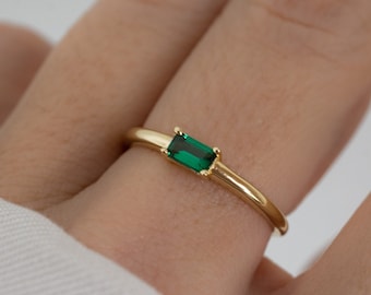 Emerald Baguette Ring Gemstone Ring Emerald Jewelry Gift for Her Gold Ring Stacking Ring May Birthstone Silver Ring Engagement Rings