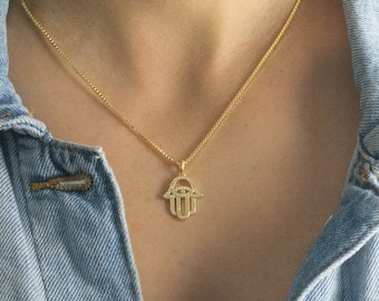 Collar de mano de Hamsa de oro, joyería de Hamsa, collar de Hamsa, collar de Hamsa con ojo turco, collar con colgante de Hamsa, joyería de Hamsa de plata esterlina