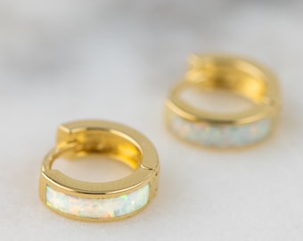 Opal Huggie Earrings, Small Gold Hoop Earrings, Opal Hoops, Gold Hoop Earrings, Gold Huggie Earrings, Silver Opal Hoop Earring, Opal Earring
