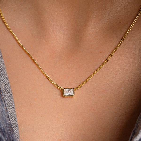 Bezel Emerald Cut Necklace on Cuban Chain, Chain Necklace, Baguette Necklace, Layering Necklace, Gold Necklace Gift for Her Pendant Necklace