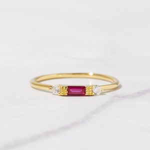 Ruby Dainty Baguette Stacking Ring, Gold Minimalist Ring, Simple Ruby Ring, Sterling Silver Ring, Thin Ring, Delicate Ring, Gift for Her image 1